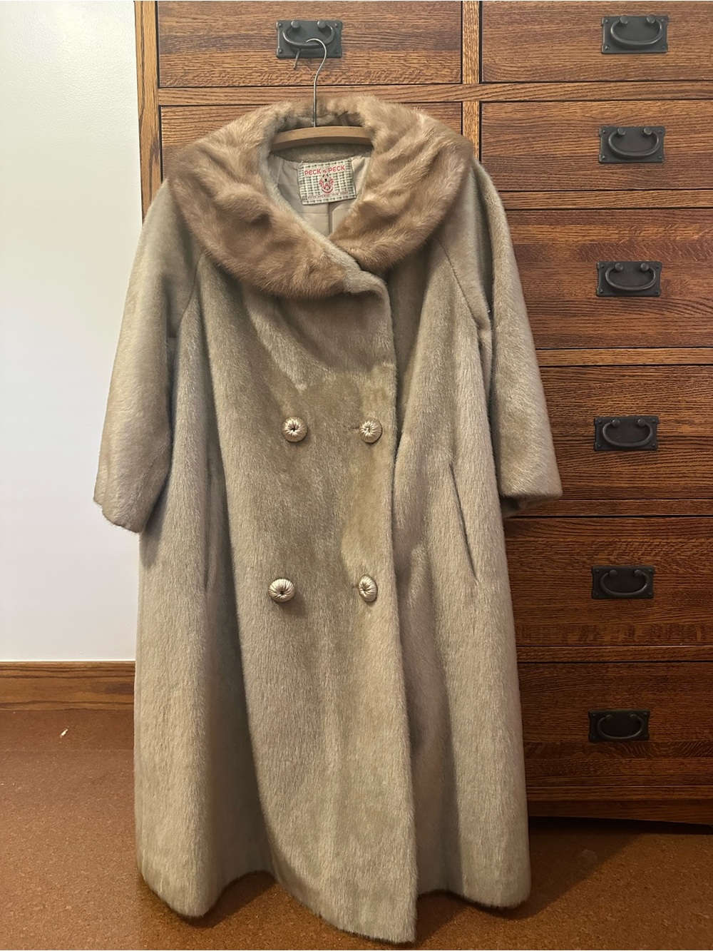 Peck & Peck Taupe Fur Trim Double-Breasted Winter Coat